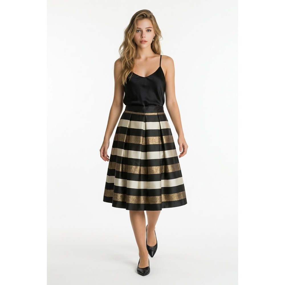 Eliza J‎ Metallic Gold Black Striped Pleated Midi Skirt Size 6 Holiday Party - Picture 1 of 7